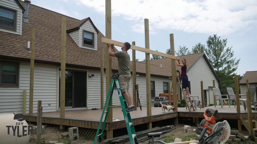 attaching 2x6 beams for free standing deck roof
