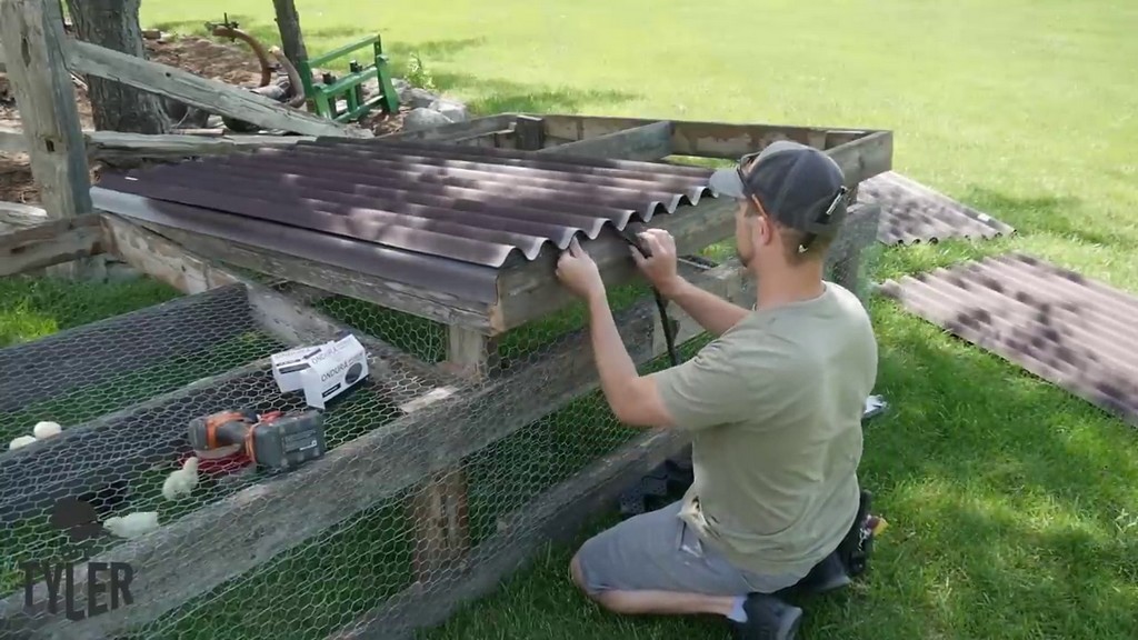 installing foam edging for DIY chicken tractor roofing panel