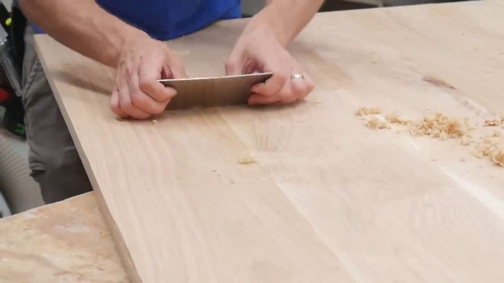smoothing hickory kitchen table with card scraper