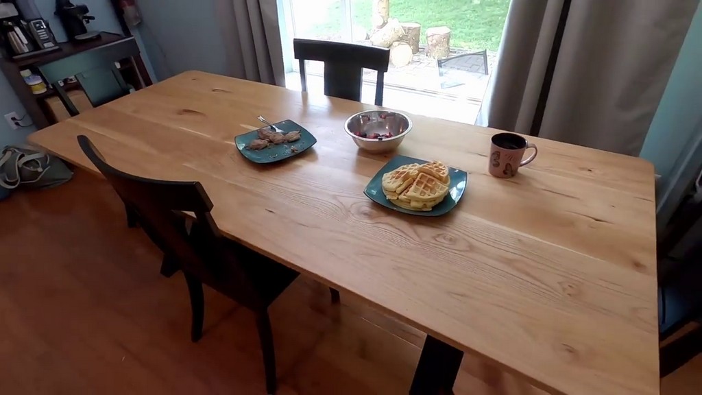completed hickory farmhouse apron table with metal x legs