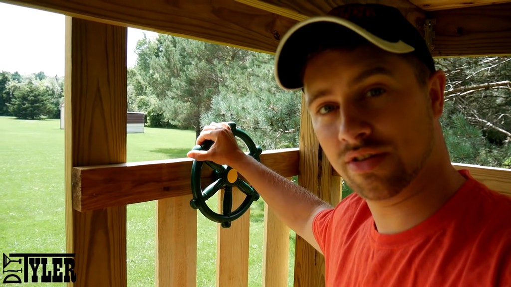 cute steering wheel on diy backyard swing set