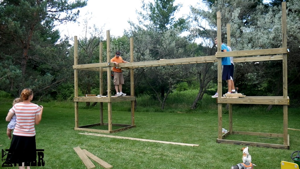 installing bridge beams on diy backyard swing set