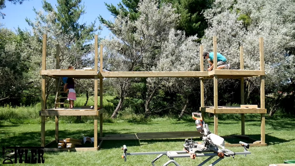 screwing deck boards onto bridge of diy swing set