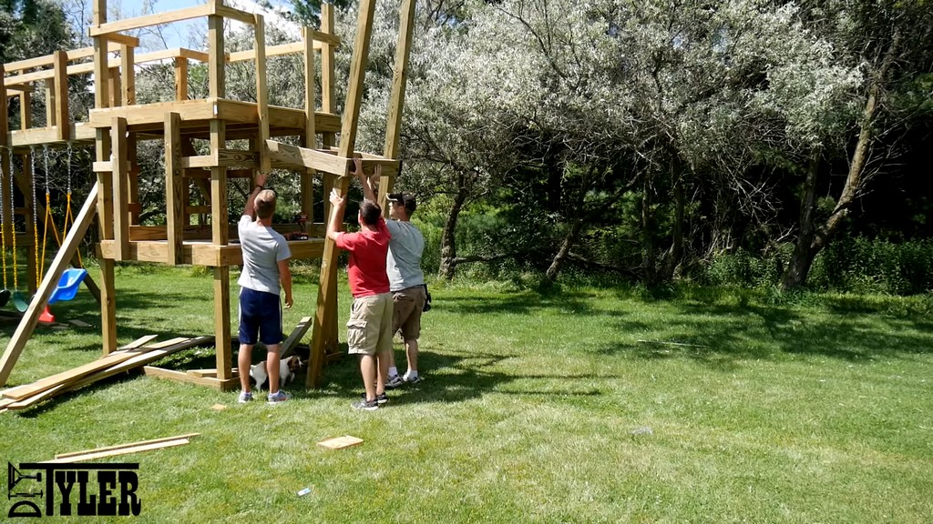 hoisting slide platform frame into place