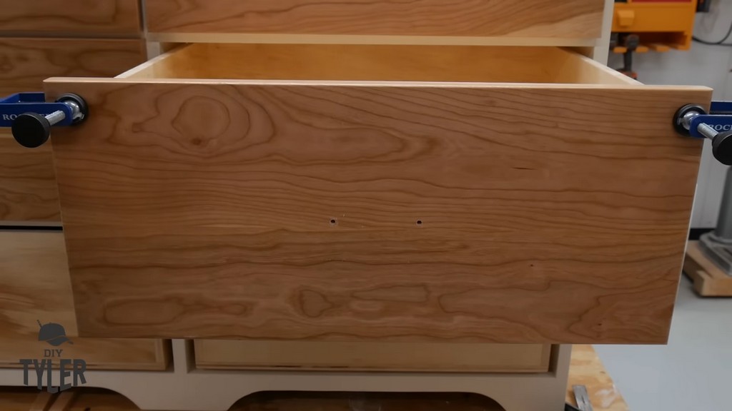 holes drilled in front of cabinet using KREG jig