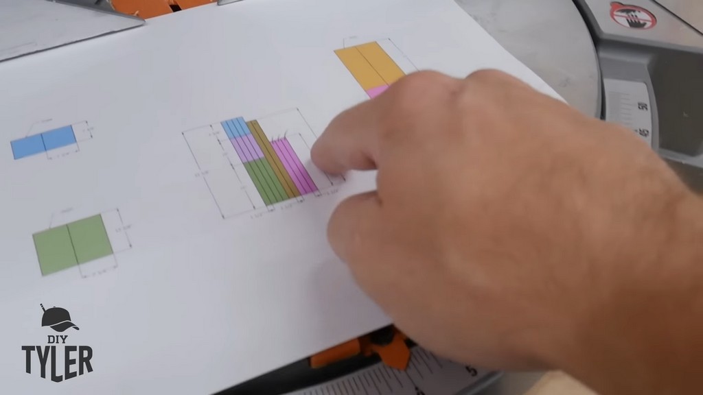man pointing to plans for diy functional bathroom shelf