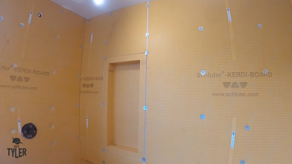 installed Kerdi boards for waterproofing a walk-in shower