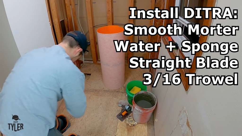 man standing in bathroom with text of supplies for installing underlayment