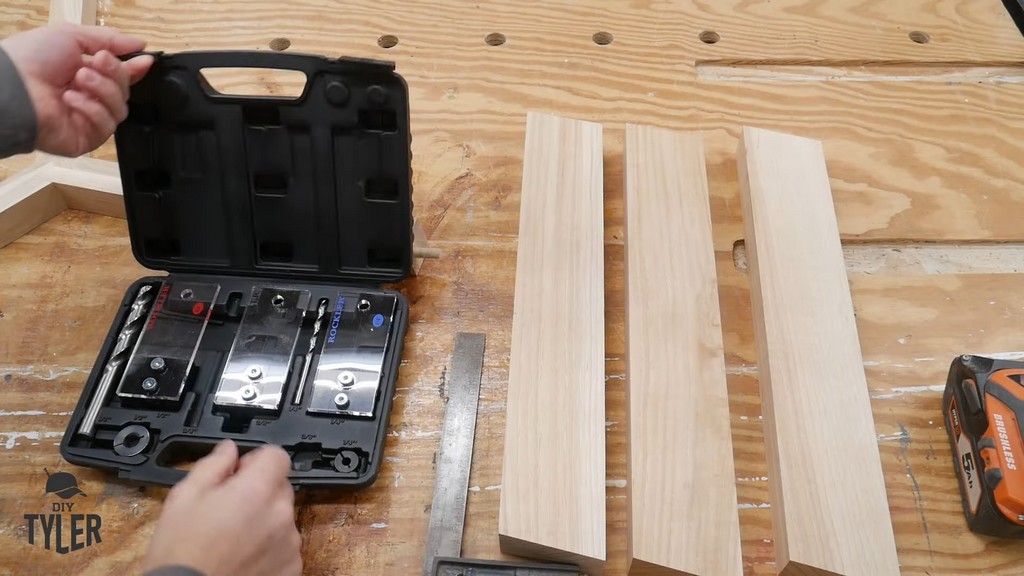 man demonstrating angled table legs and Rockler dowel guide jig