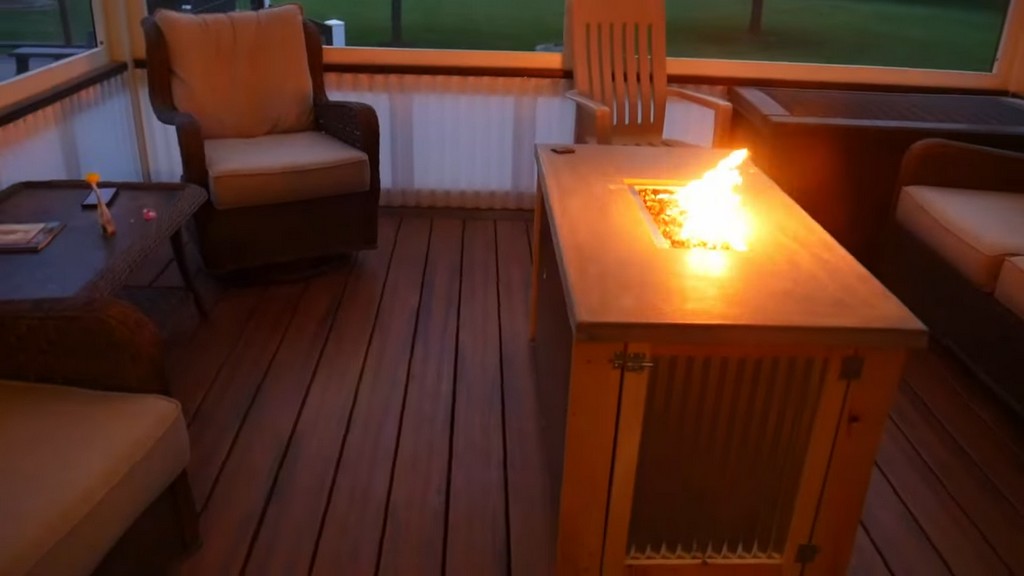 DIY deck fire table on patio